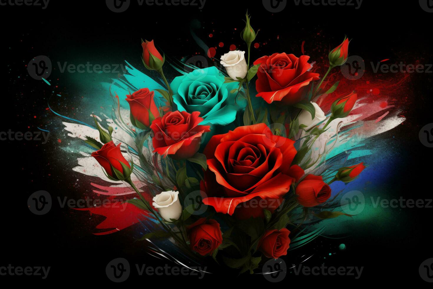 Poster, illustration on theme of Palestine. Flowers in colors of Palestinian flag, red, green, black. Created AI photo