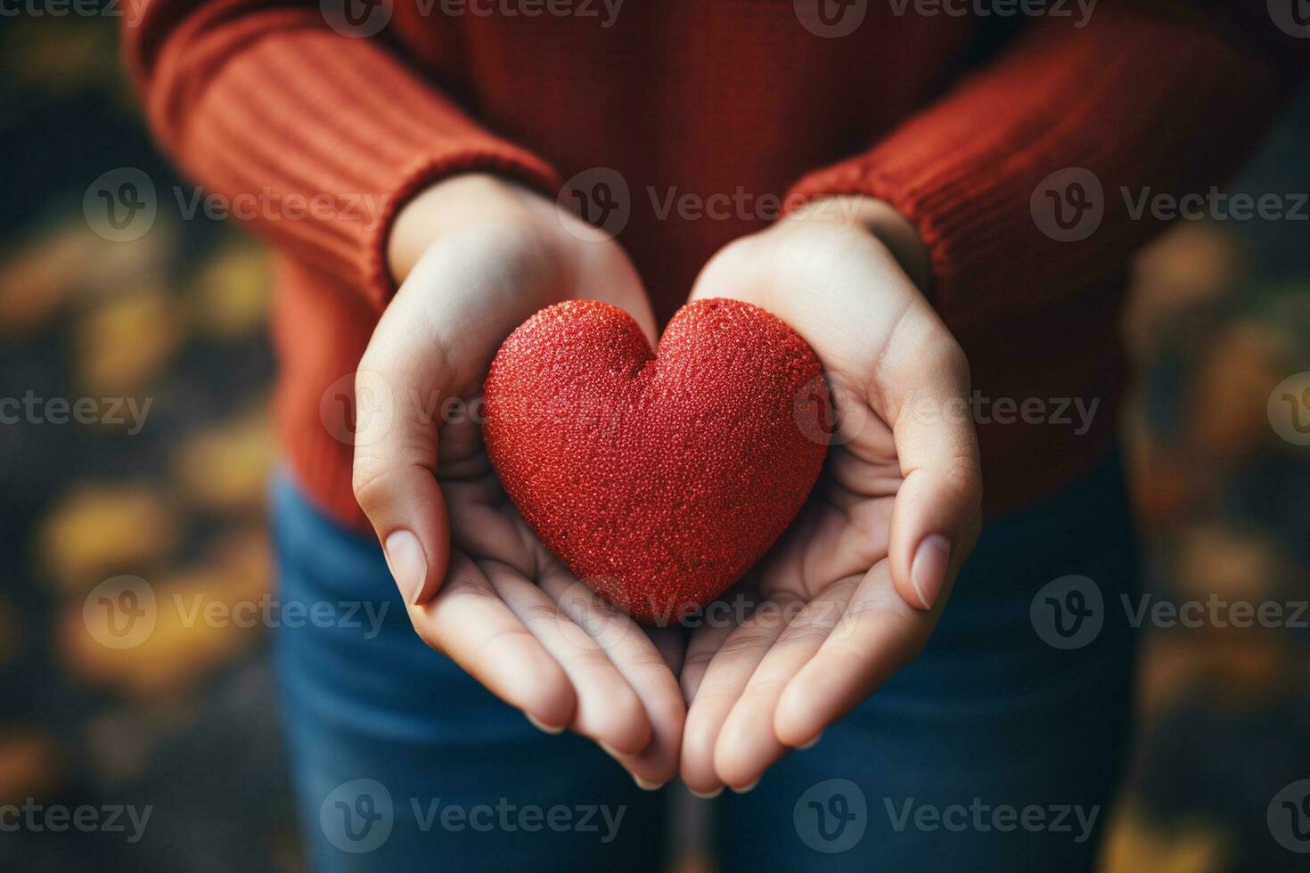 hembra manos participación un rojo corazón en el antecedentes de otoño hojas. ai generativo foto