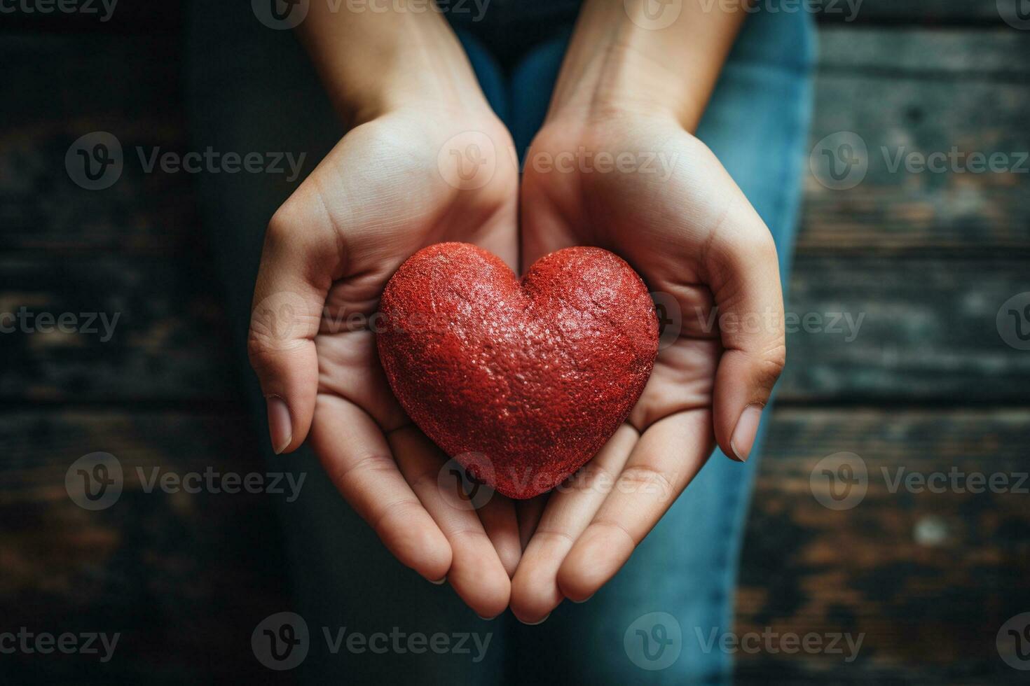 Closeup of woman's hands holding red heart shape on dark background Ai generative photo