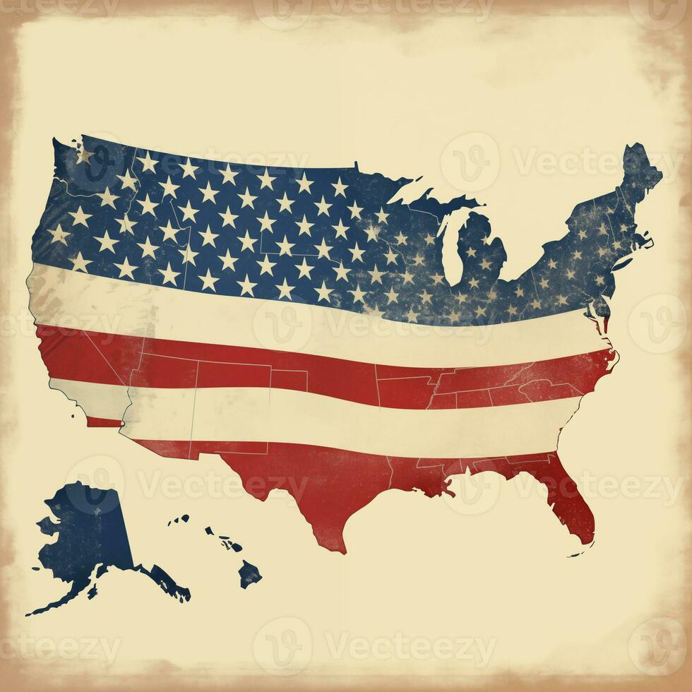 americano Clásico mapa póster. EE.UU, independencia día, bandera. ai generado foto