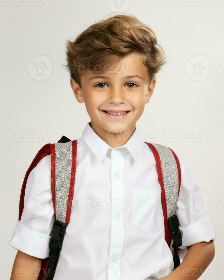 Small boy in school uniform with backpack in front of white background. Generative AI photo