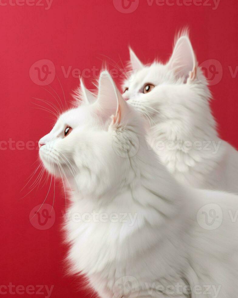 Two cute cats in front of red background. Generative AI photo