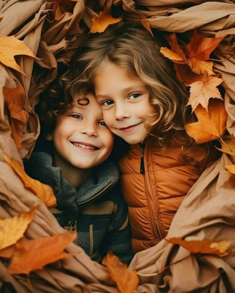 Two joyful kids, their faces beaming, surrounded by vibrant autumn leaves, creating a picturesque moment of pure happiness.. Generative AI photo