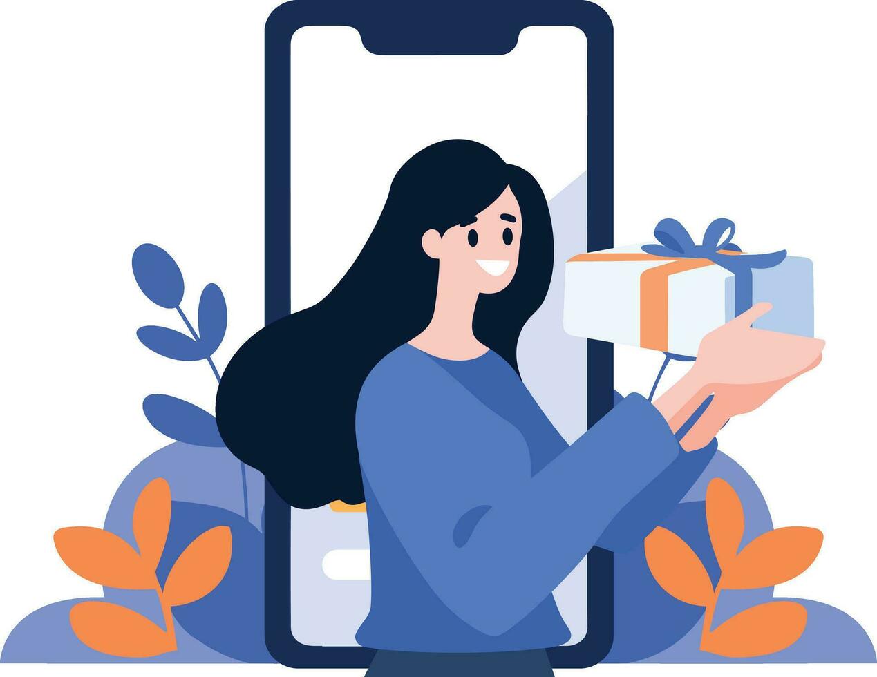 mano dibujado hembra personaje participación un regalo con teléfono inteligente en en línea compras concepto en plano estilo vector