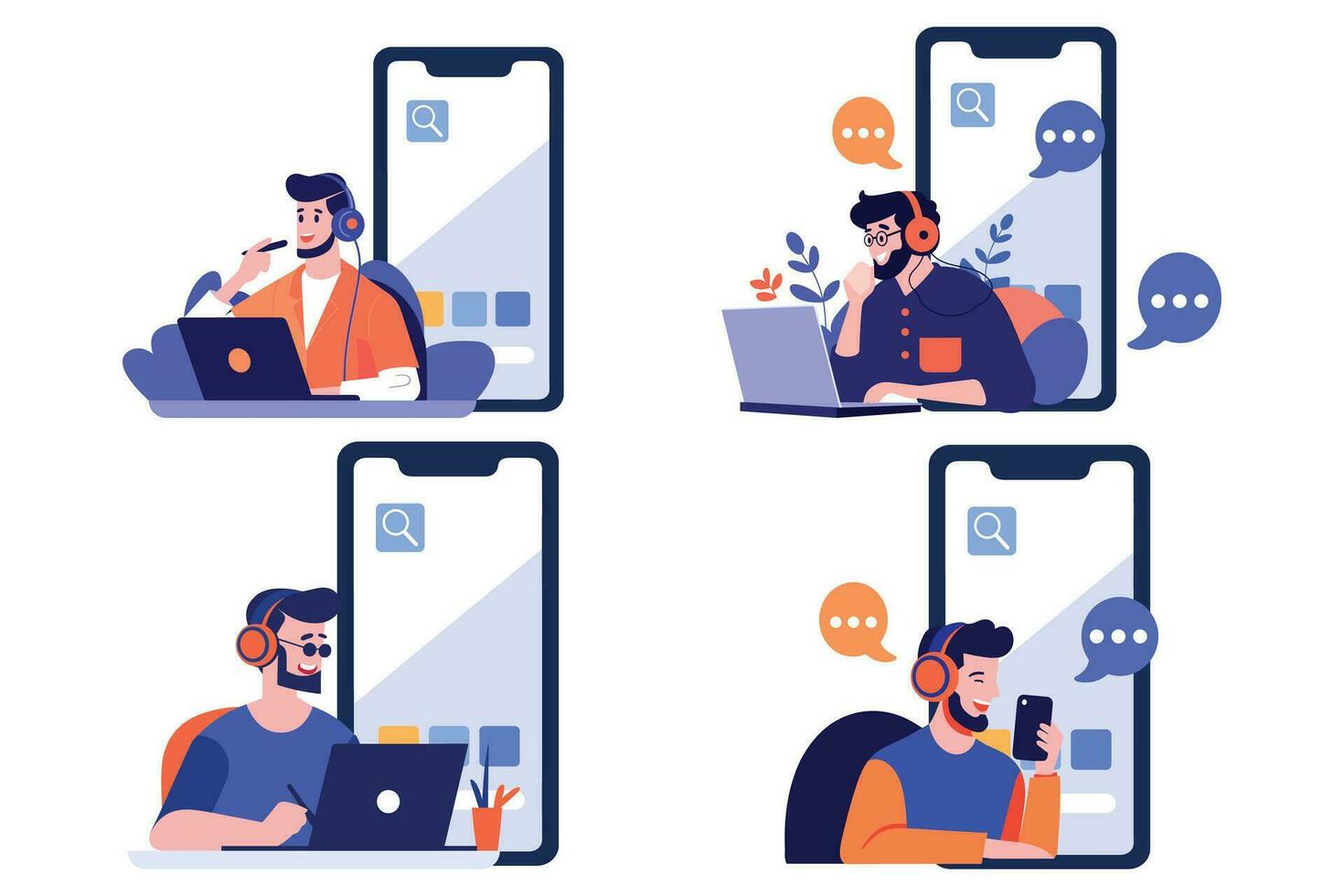 Hand Drawn Call center characters with smartphones in the concept of online support in flat style vector