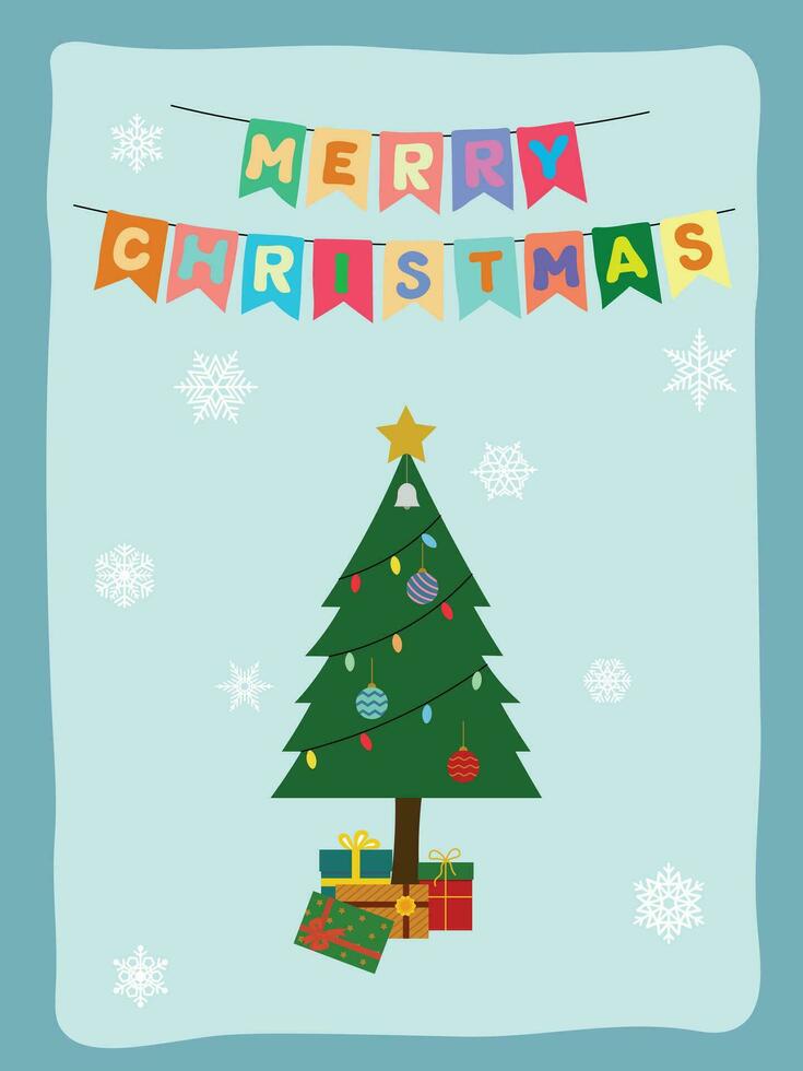 Navidad saludo tarjeta plano vector en dibujos animados estilo. linda Navidad árbol con ornamento y regalo cajas y banderín bandera en Nevado antecedentes. alegre Navidad concepto