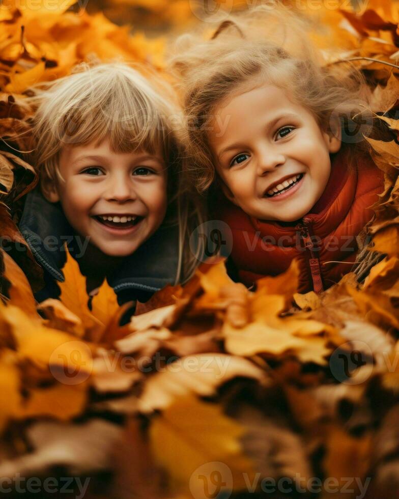 dos alegre niños, su caras radiante, rodeado por vibrante otoño hojas, creando un pintoresco momento de puro felicidad.. generativo ai foto