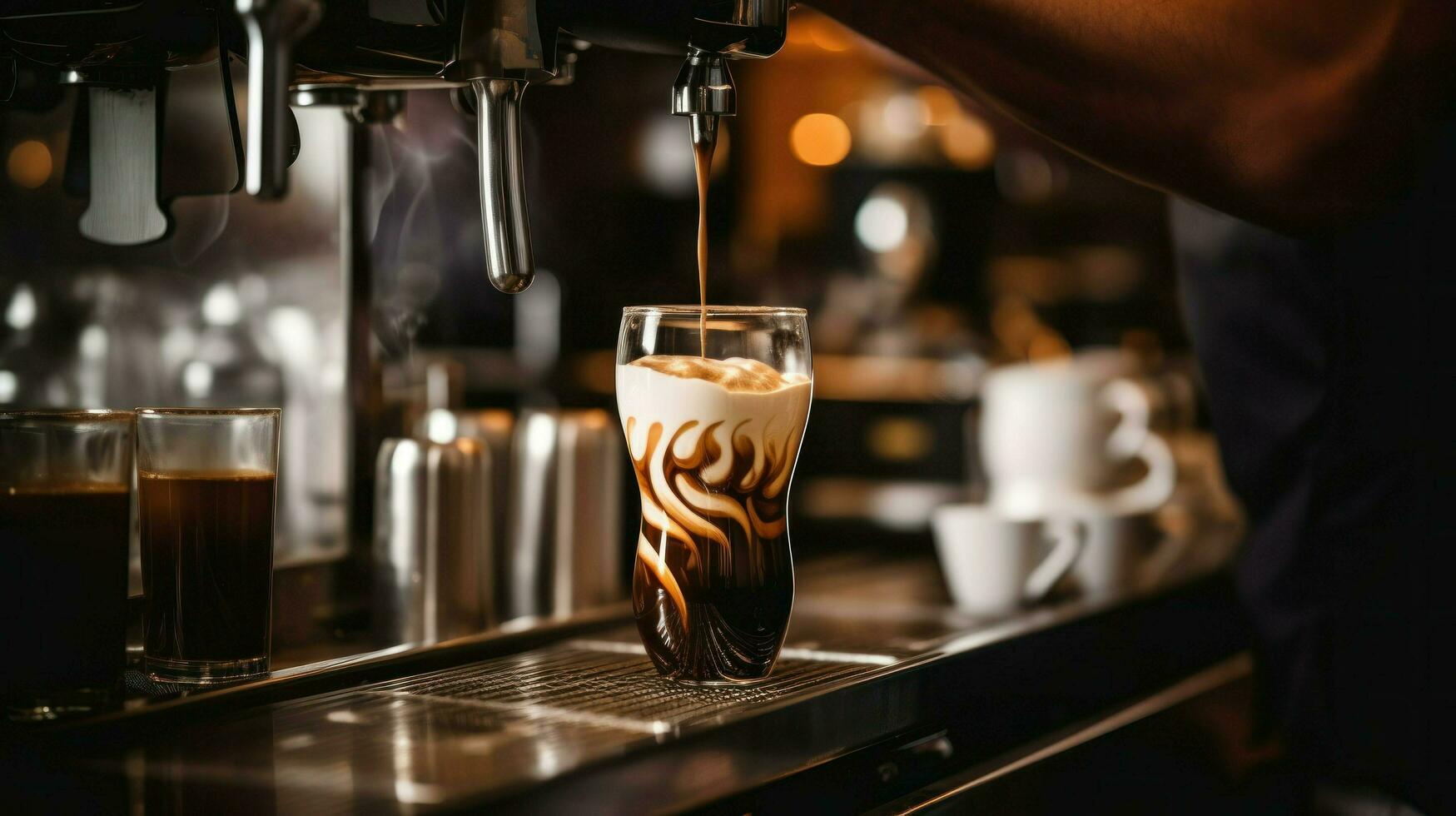 un barista torrencial café desde un café máquina. generativo ai foto