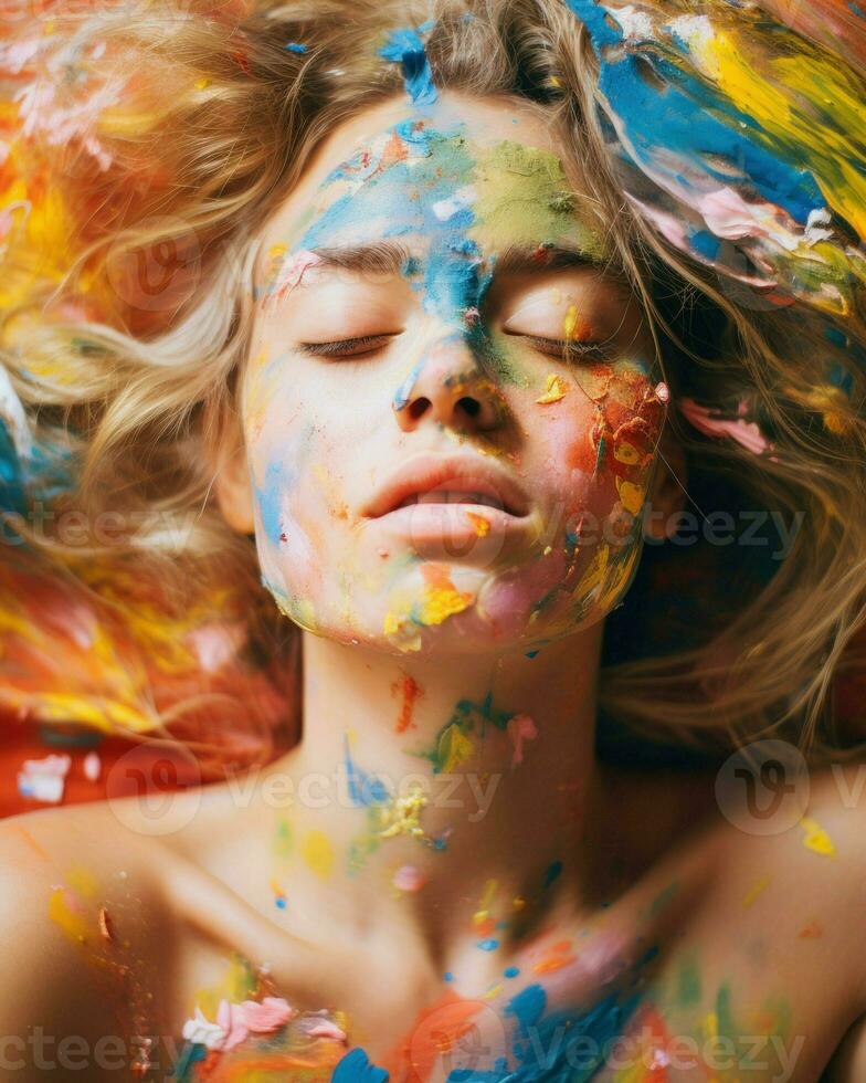 un mujer en pie antes de un pintado obra de arte, adornado con salpicaduras de vibrante colores.. generativo ai foto