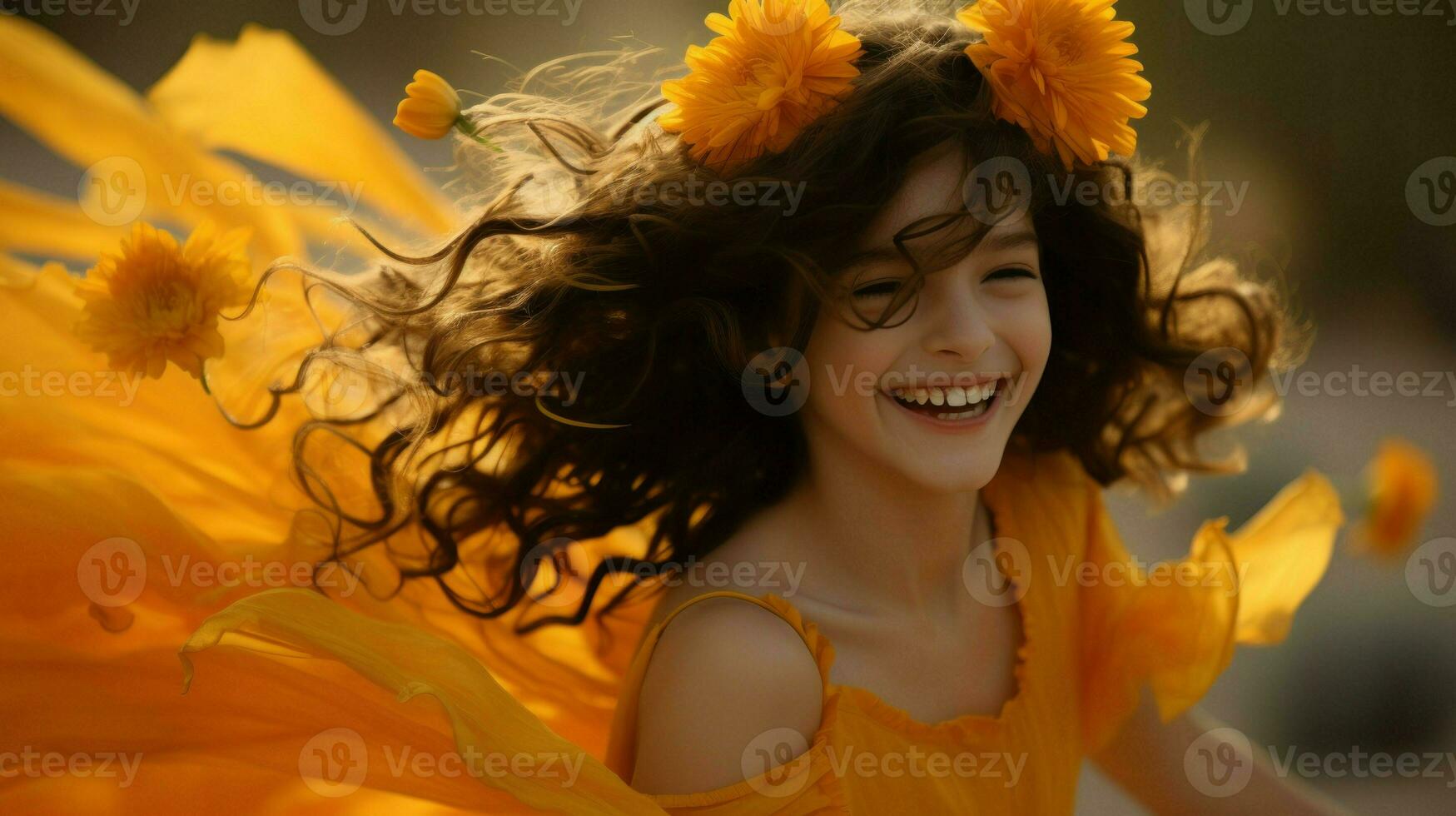 Playful young girl with curly hair and twirling around in a dress.. Generative AI photo