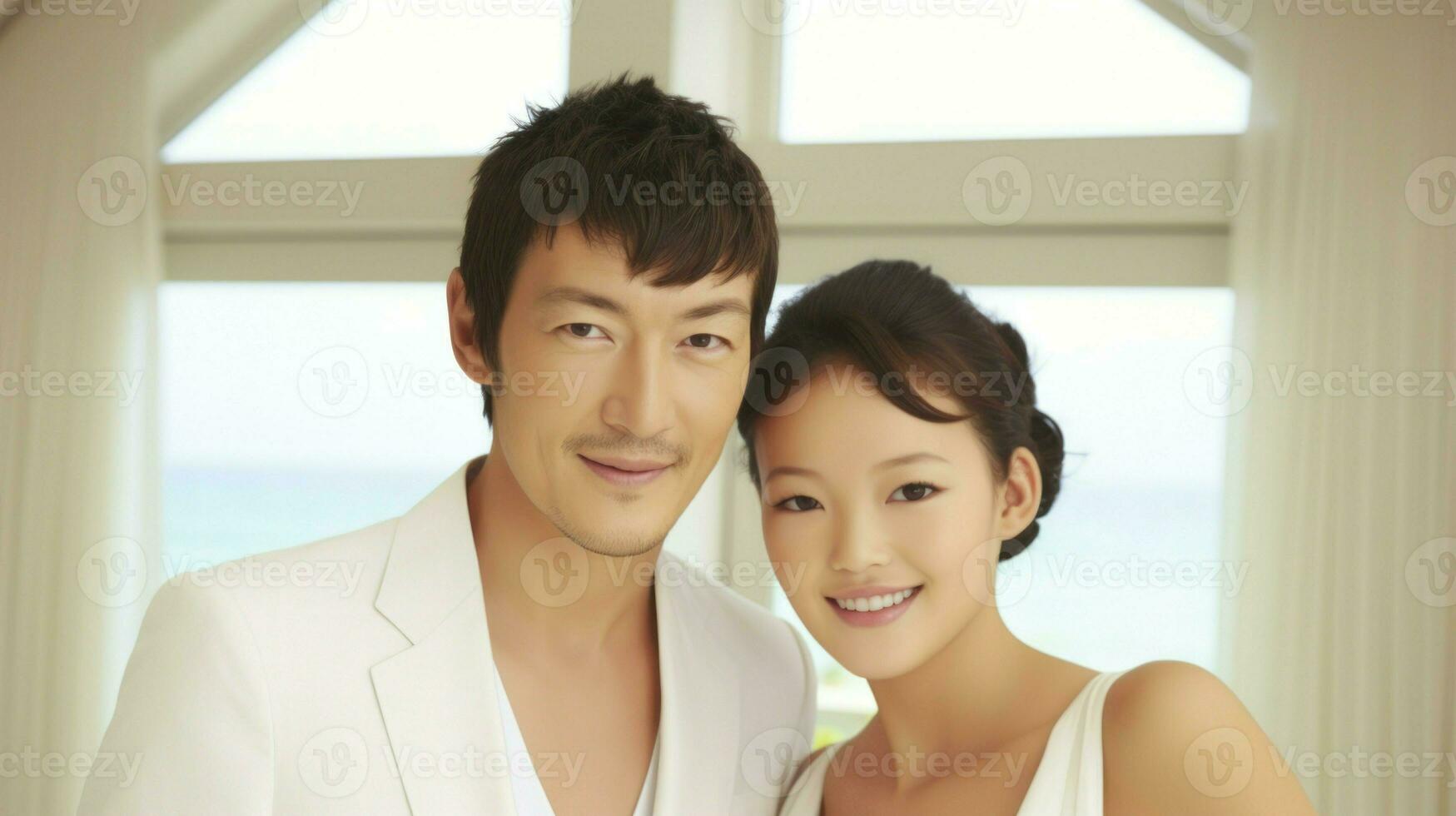 Asian young couple dressed in white clothes. Generative AI photo