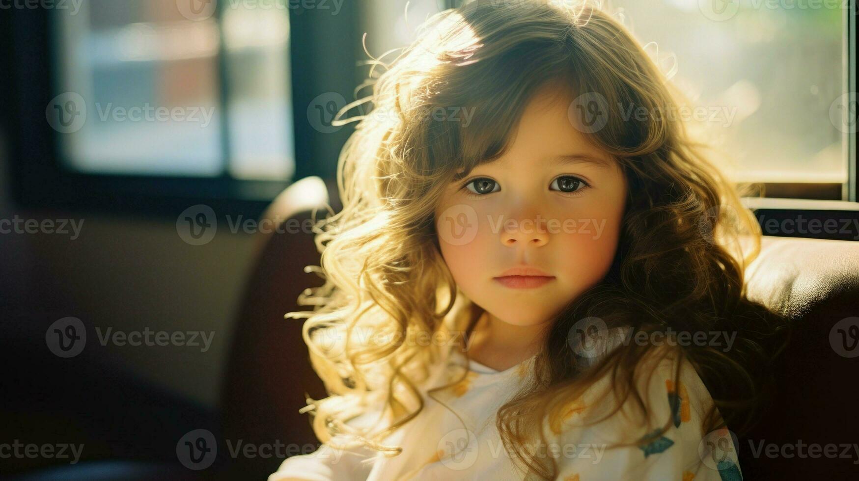 Portrait of a little girl with wavy brown hair, illuminated by soft light.. Generative AI photo