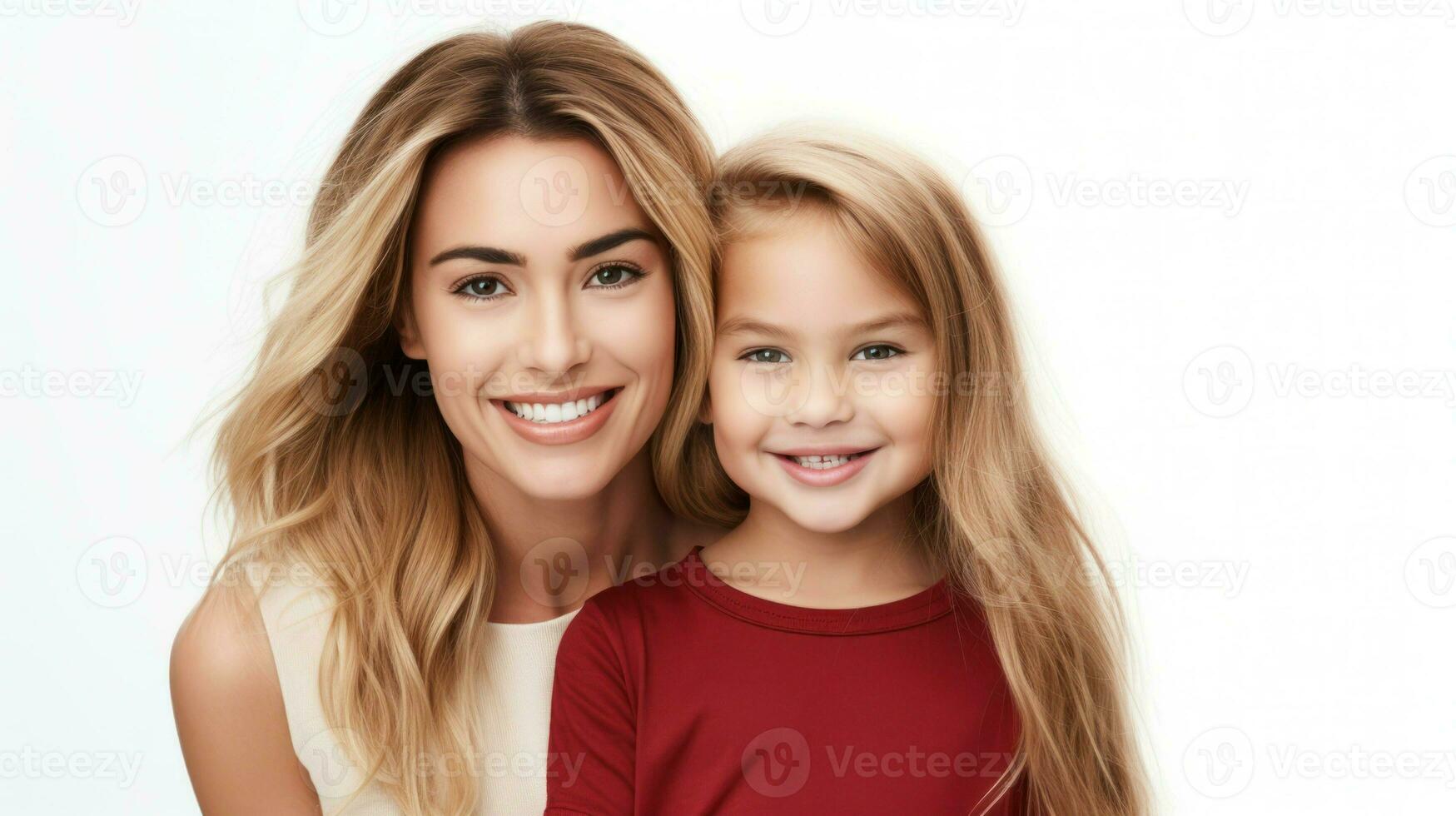 joven rubia madre y hija abrazado felizmente. generativo ai foto