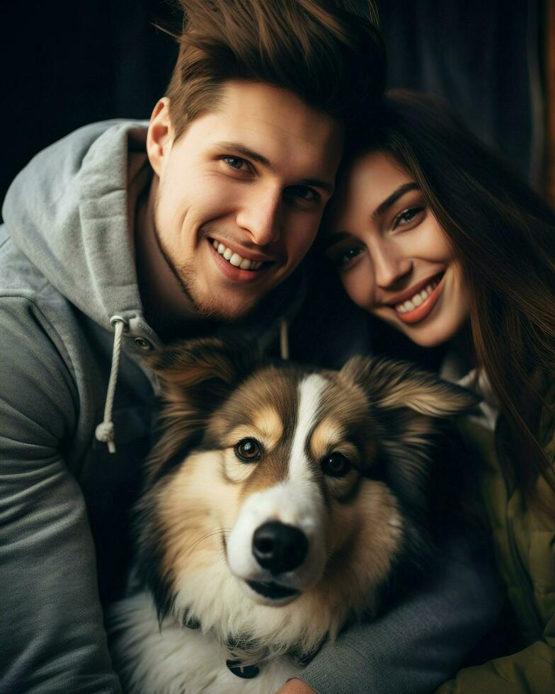 un familia posando felizmente dentro el casa con su perro. generativo ai foto