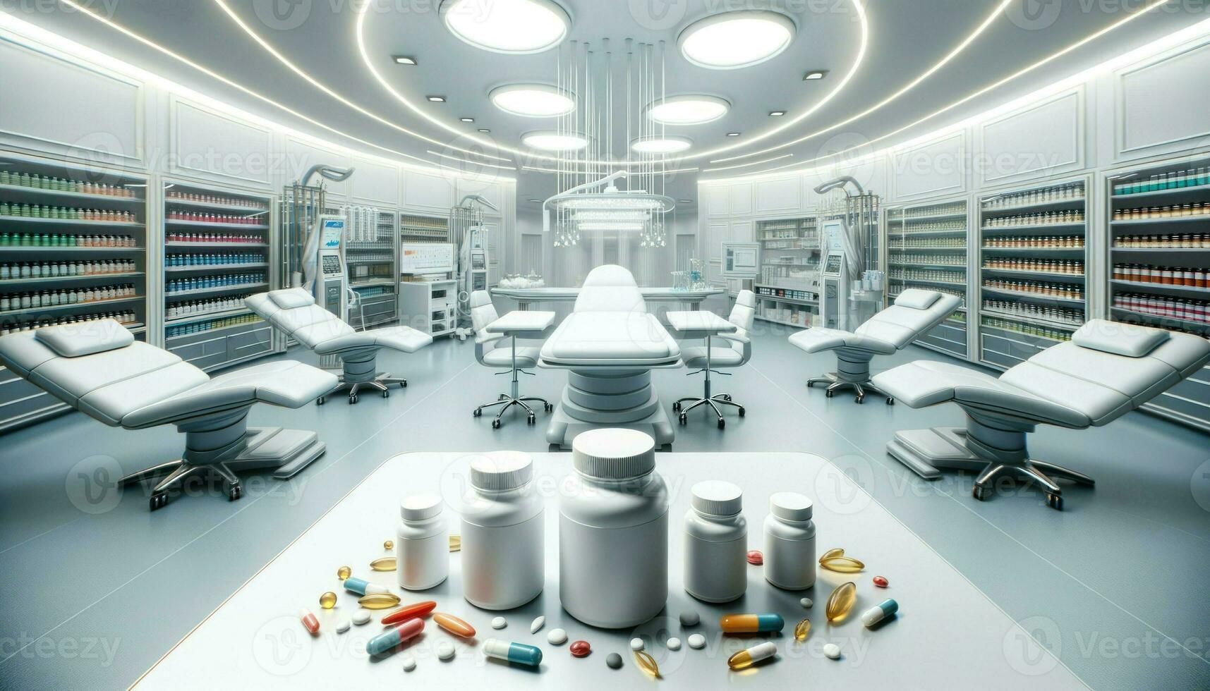 Wide angle photo emphasizing the contrast between the blank modern vitamin bottles in clinical white and vibrant vitamin color and the backdrop of a clinic. Generative AI