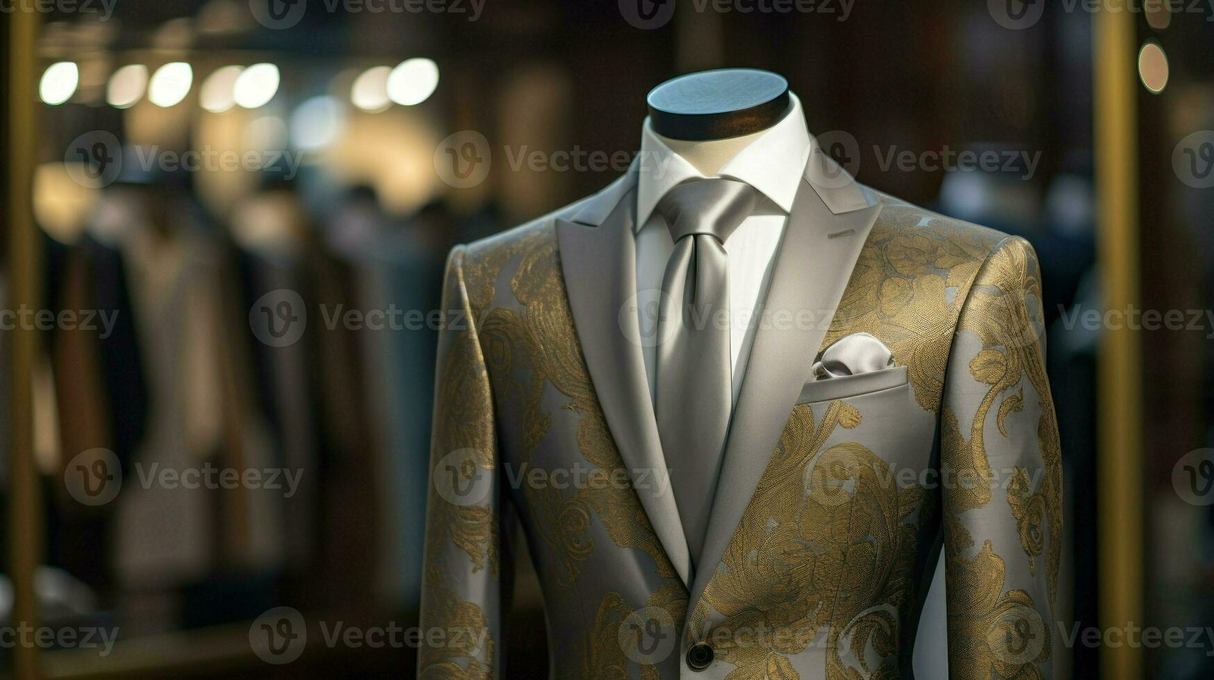 Photo of a suit visible on the model in the store. Generative AI