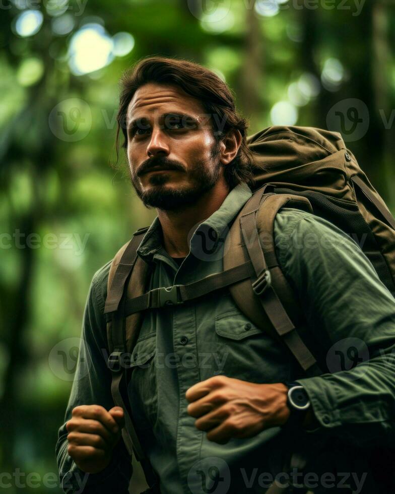 A man in the middle of a deserted and green nature. Generative AI photo