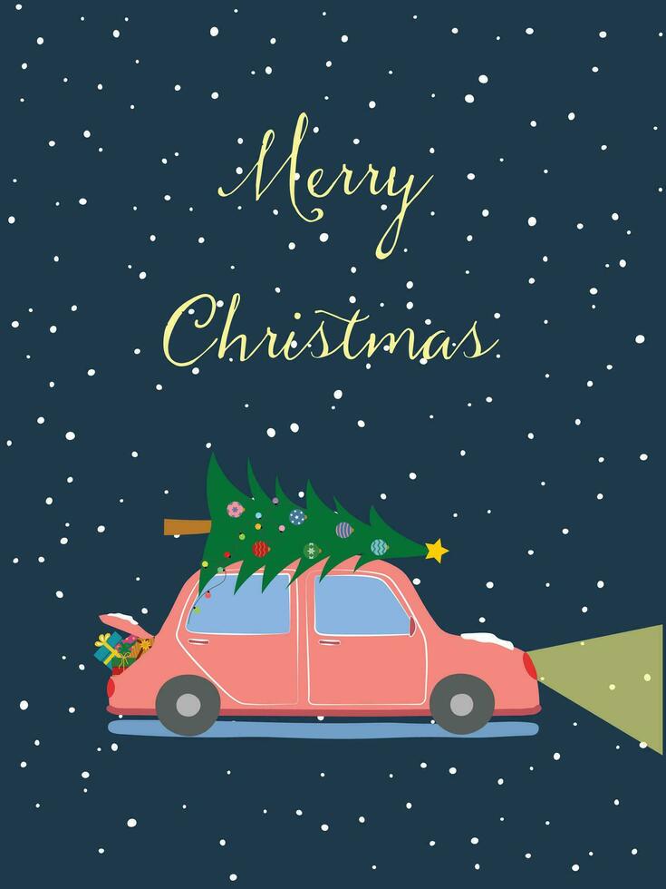Christmas greeting card flat vector in cartoon style. Car with gifts and Christmas tree on snowy background. Merry Christmas concept