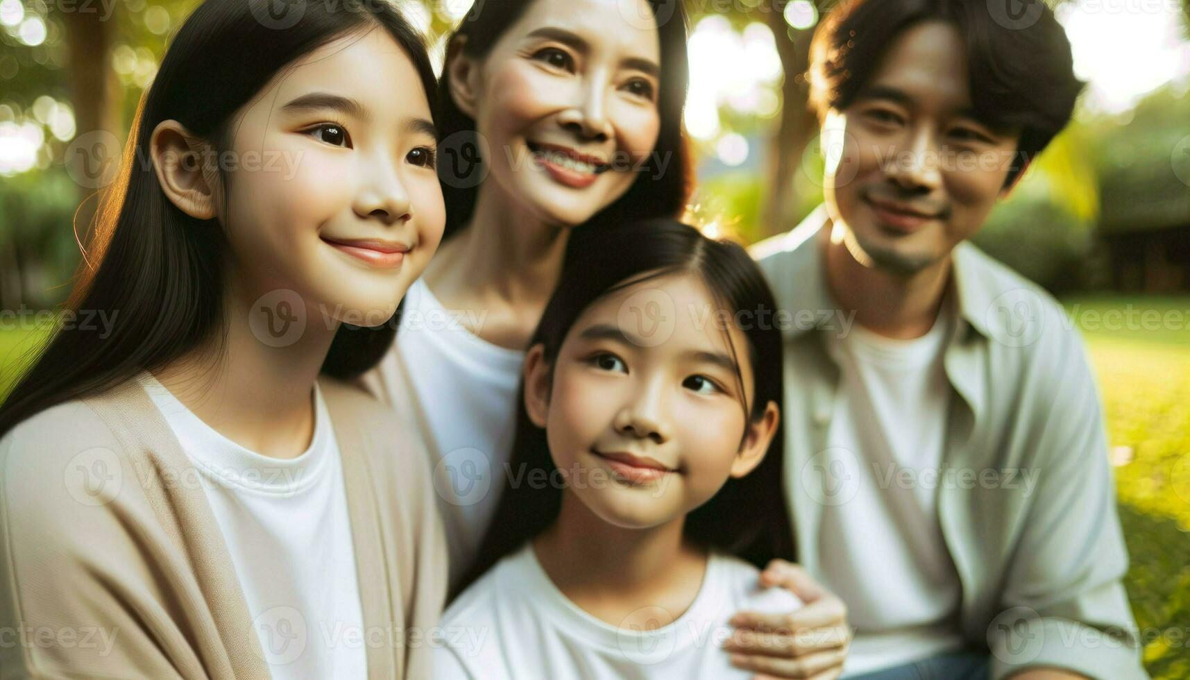 Asian family standing on grass in a park.. Generative AI photo