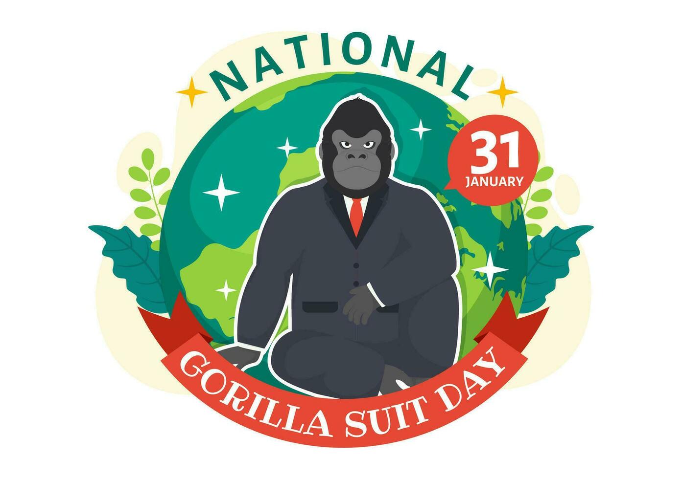National Gorilla Suit Day Vector Illustration on 31 January with has the Head of a Gorillas is Dressed Neatly in a Suits and World Map in Background