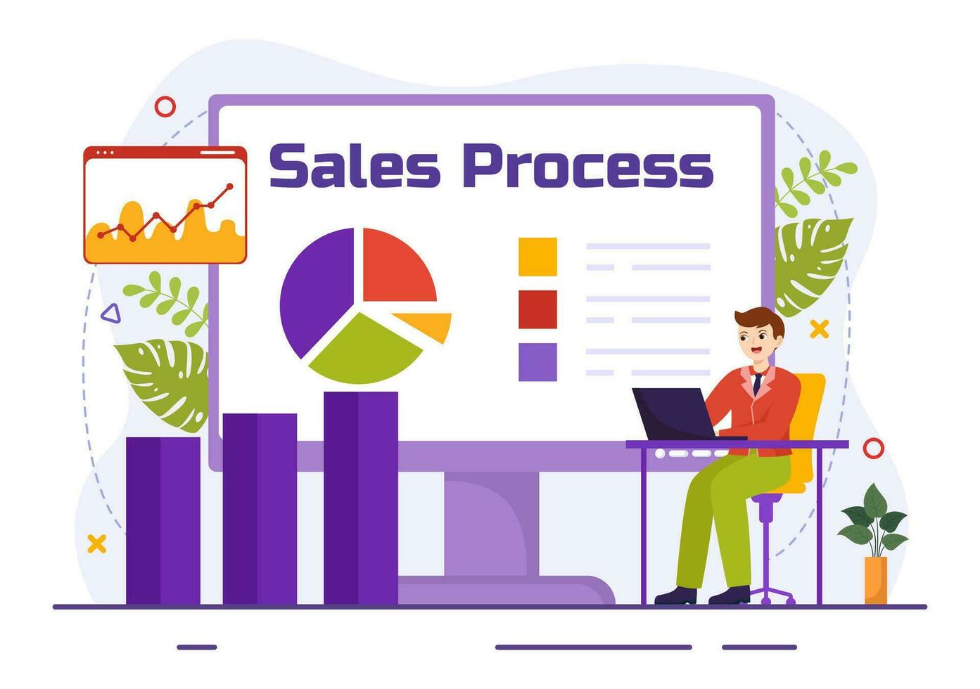 Sales Process Vector Illustration with Steps of Communication for Attracting New Customers and Making profit in Business Strategy Flat Background