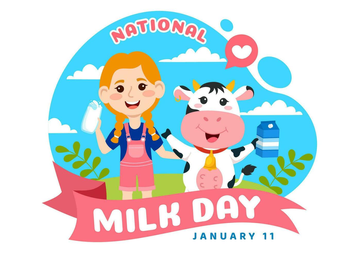 nacional Leche día vector ilustración en 11 enero con leches bebidas y vaca para póster o aterrizaje página en fiesta celebracion dibujos animados antecedentes