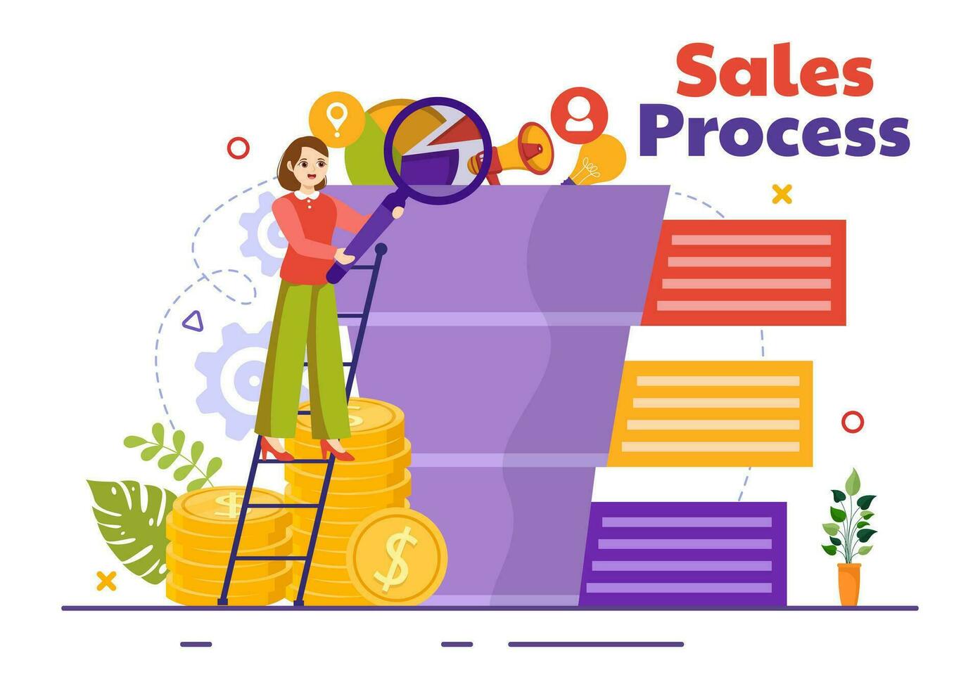 Sales Process Vector Illustration with Steps of Communication for Attracting New Customers and Making profit in Business Strategy Flat Background