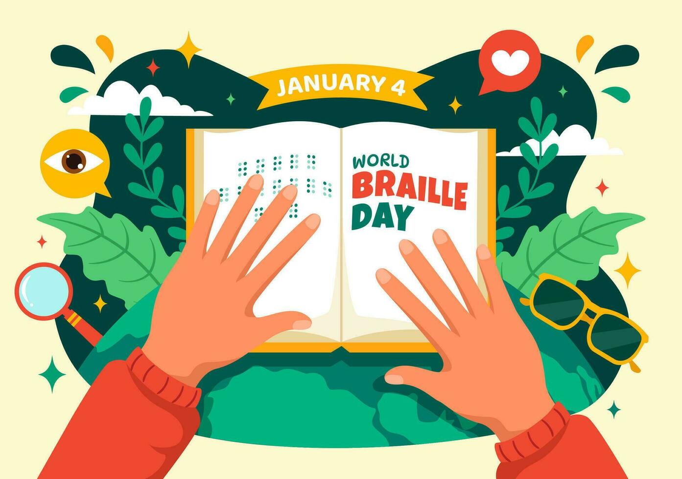 mundo braille día vector ilustración en 4to de enero con texto por alfabeto para medio de comunicación en plano niños dibujos animados antecedentes diseño