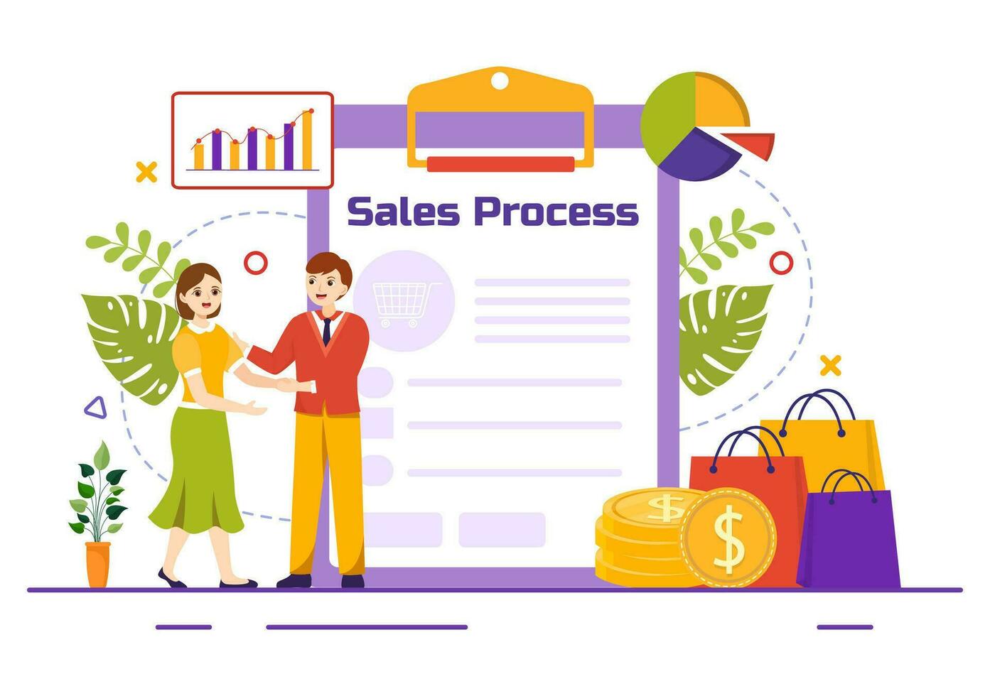 Sales Process Vector Illustration with Steps of Communication for Attracting New Customers and Making profit in Business Strategy Flat Background