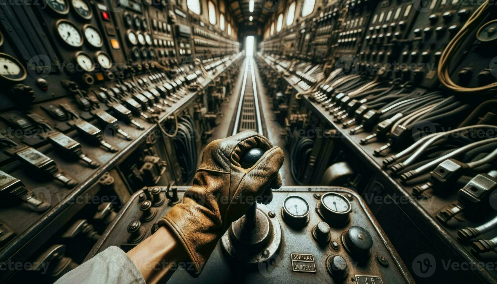 Wide perspective of a hand pulling a lever in a factory control room.. Generative AI photo