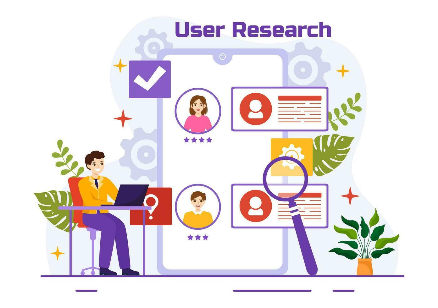 User Research Vector Illustration of People Searching and Exploring in Networks to Design Project, Online Survey and Analytics in Flat Background