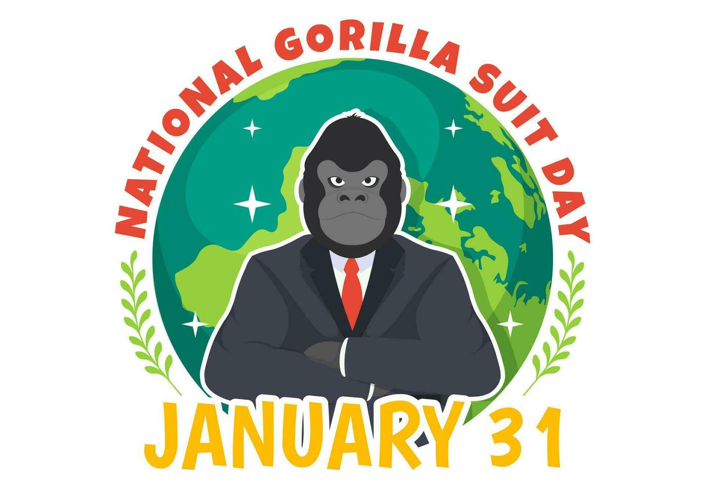 National Gorilla Suit Day Vector Illustration on 31 January with has the Head of a Gorillas is Dressed Neatly in a Suits and World Map in Background