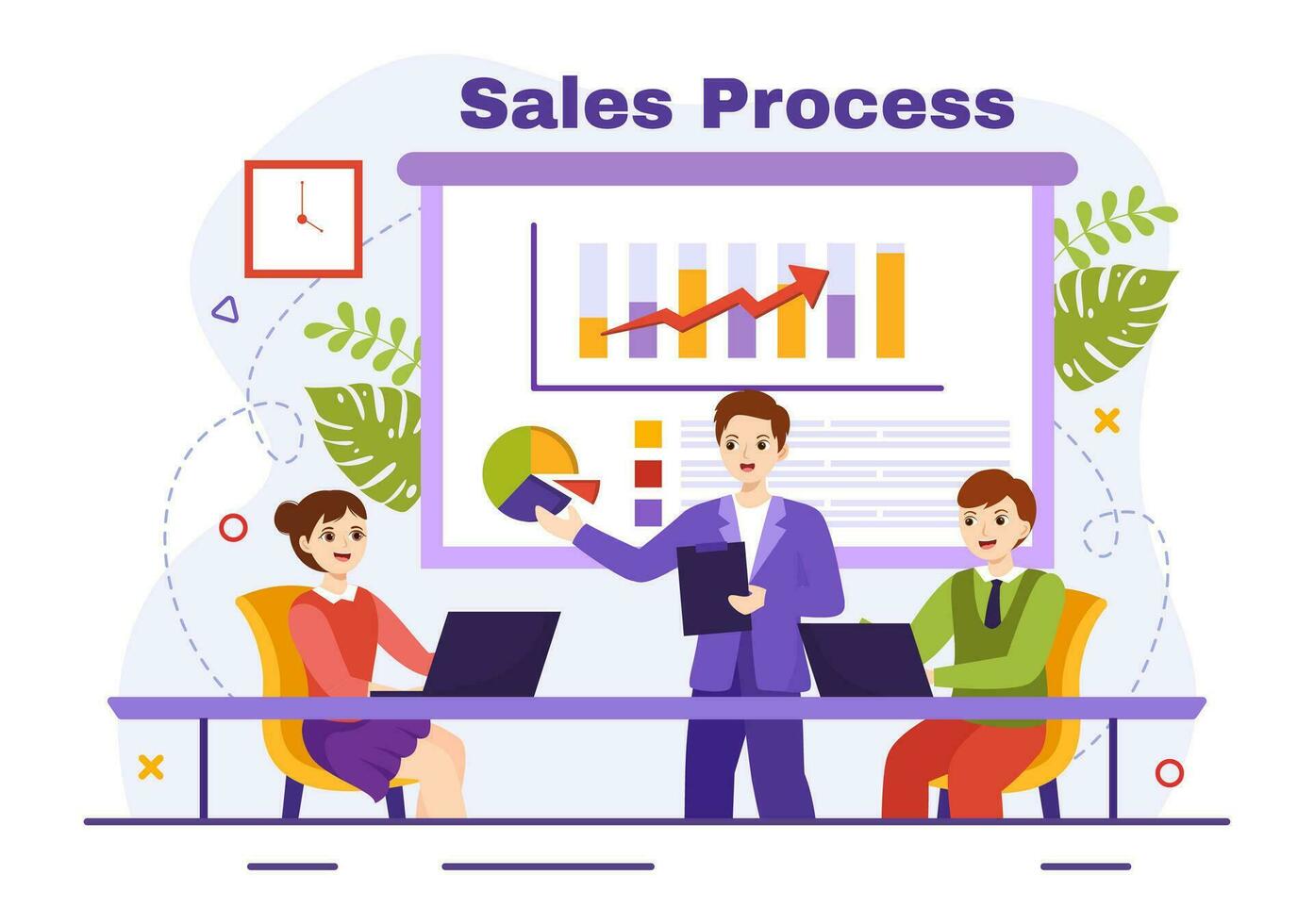 Sales Process Vector Illustration with Steps of Communication for Attracting New Customers and Making profit in Business Strategy Flat Background