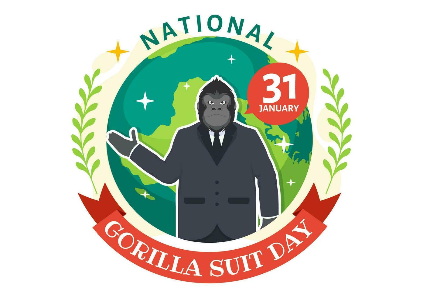 nacional gorila traje día vector ilustración en 31 enero con tiene el cabeza de un gorilas es vestido pulcramente en un trajes y mundo mapa en antecedentes