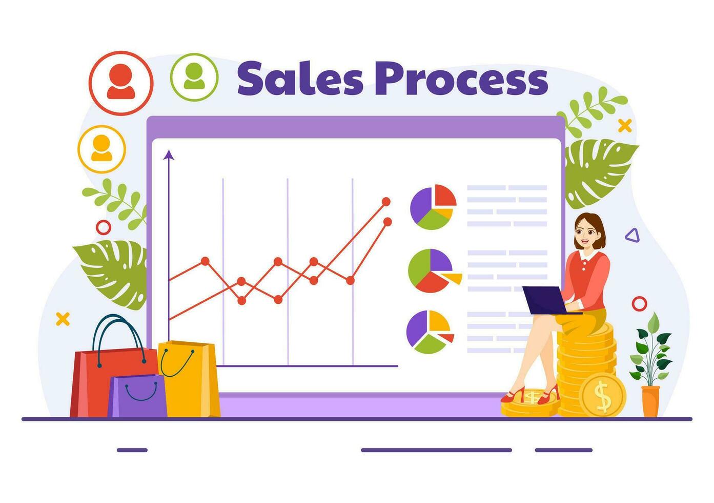 ventas proceso vector ilustración con pasos de comunicación para atrayendo nuevo clientes y haciendo lucro en negocio estrategia plano antecedentes