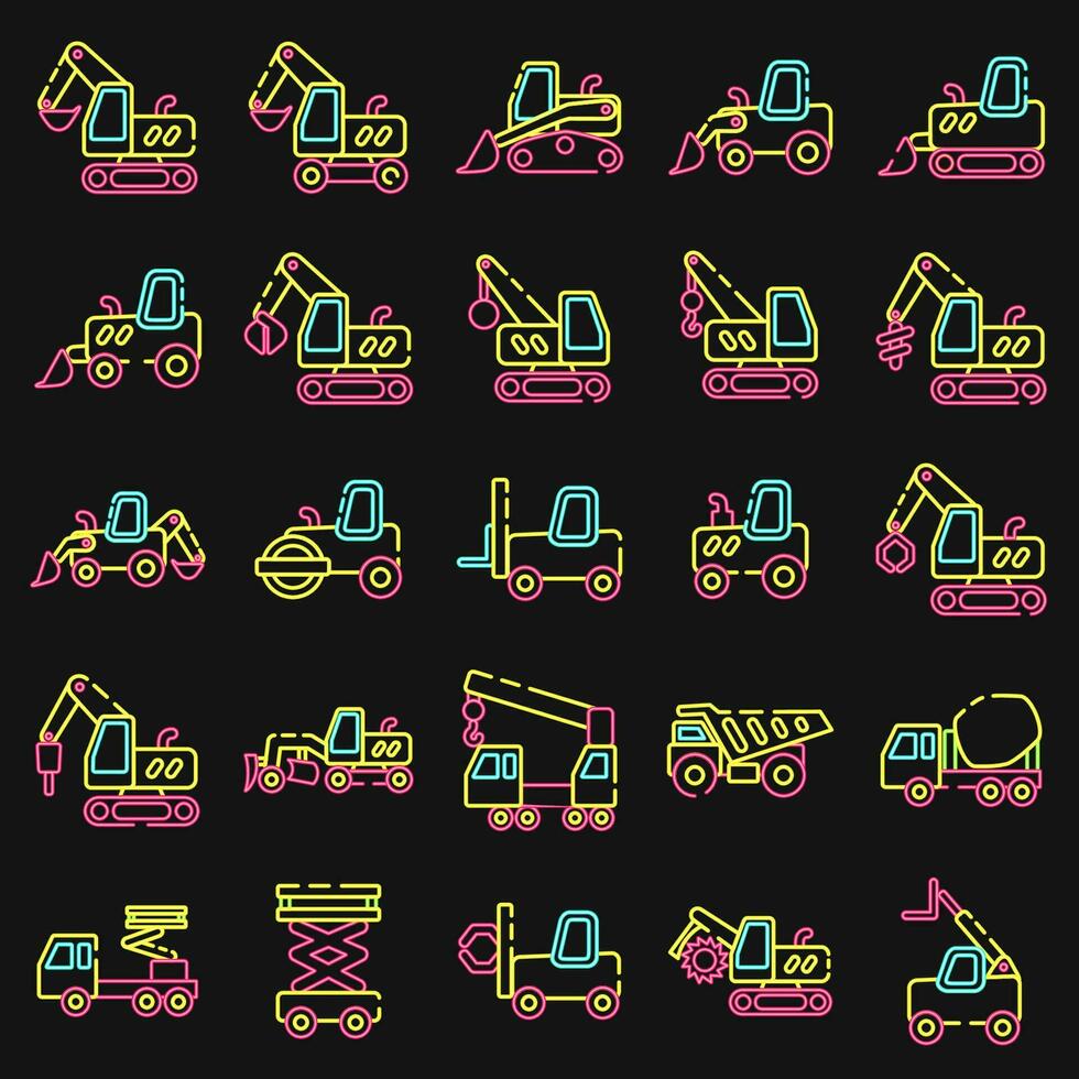 Icon set of heavy equipment. Heavy equipment elements. Icons in neon style. Good for prints, posters, logo, infographics, etc. vector