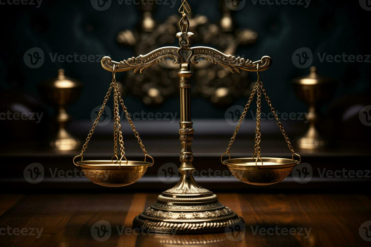 Law and justice concept. Scales of justice on wooden table. Ai generative photo