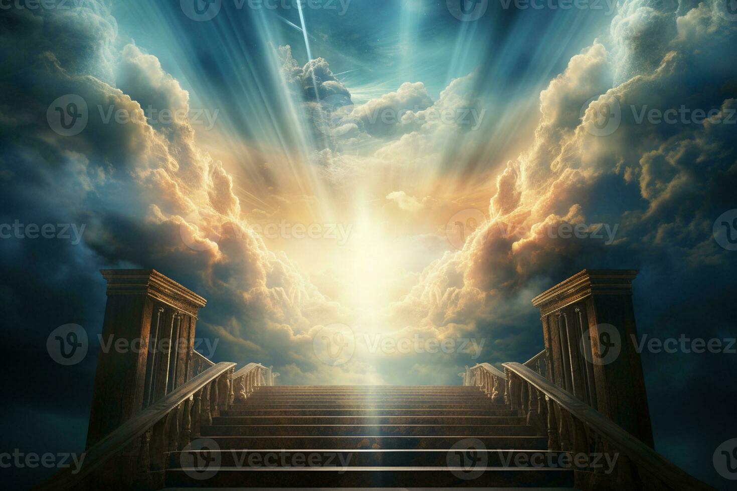 Stairway to heaven with light rays and clouds. 3D rendering Ai generative photo