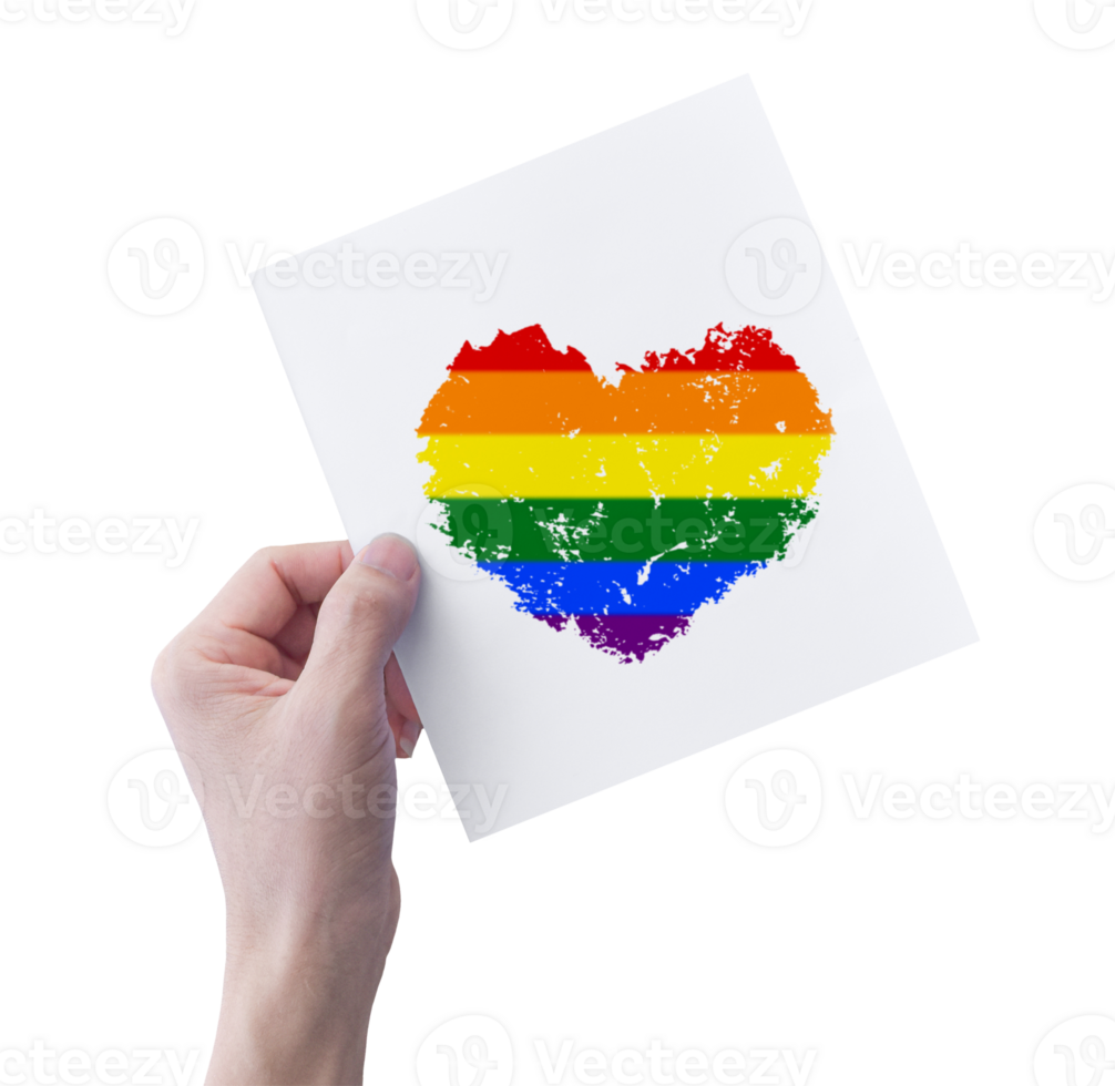 Hands holding paper with heart shape LGBTQ color, Isolated on transparent background. Transgender couple freedom Love concept. png