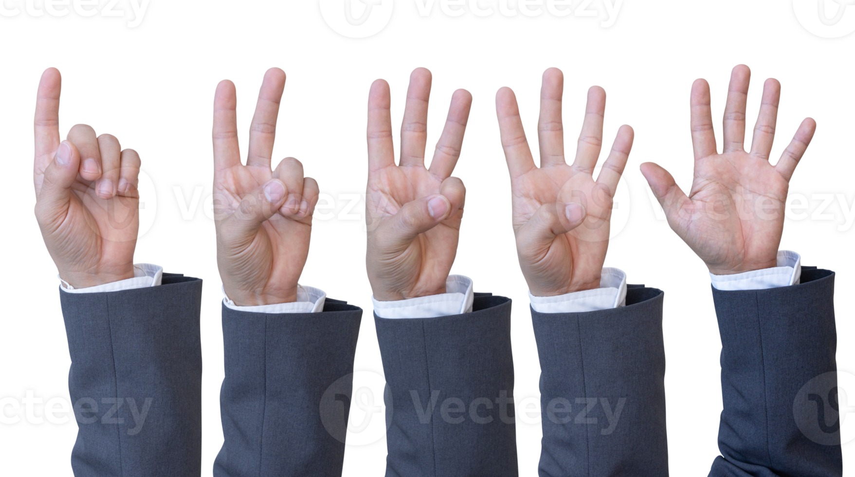 Hand of businessman in suit counts from Zero to Five isolated on transparent background. PNG File