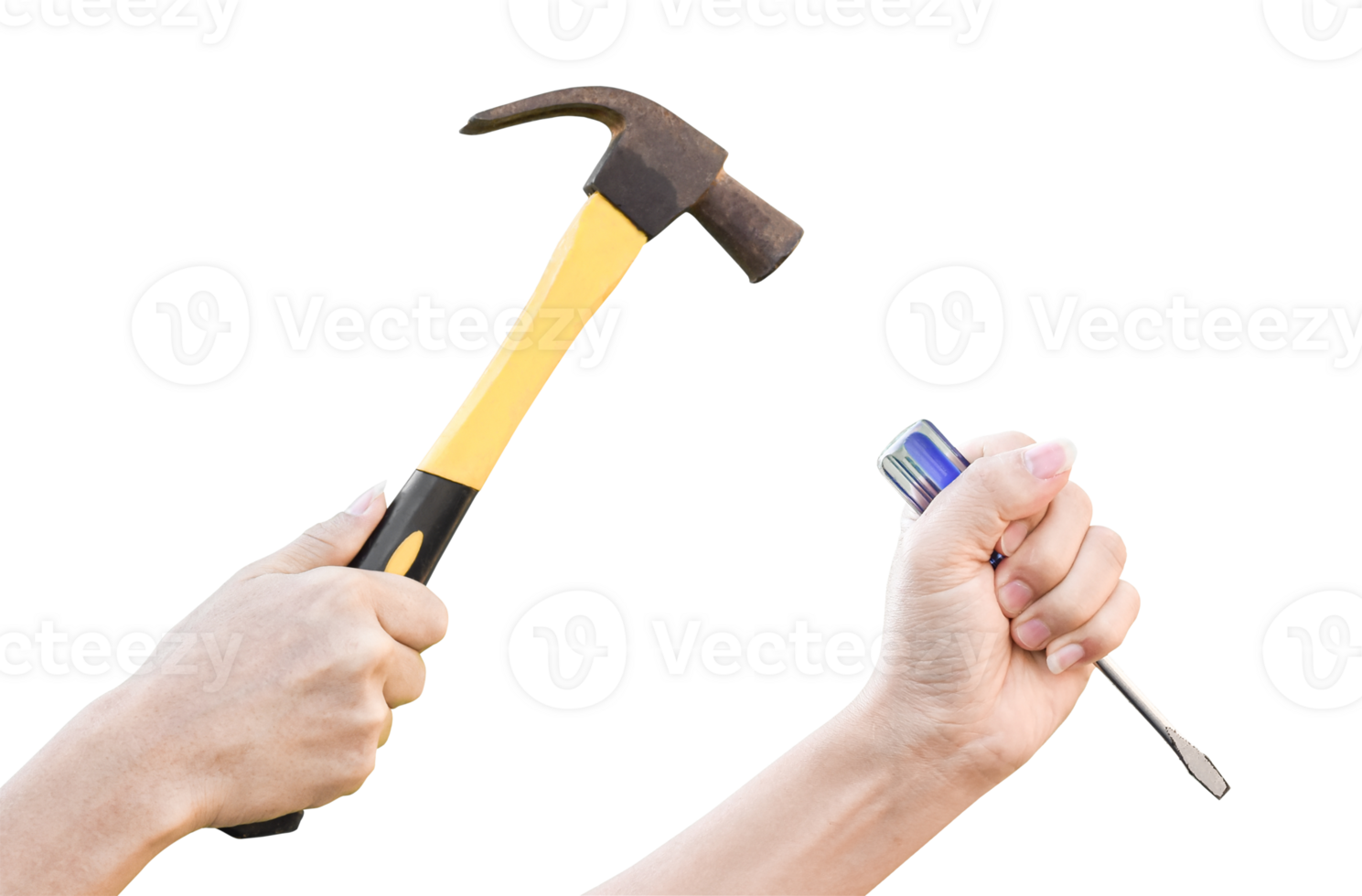 Male hands working with old rusty hammer and flat screwdriver isolated on transparent background png