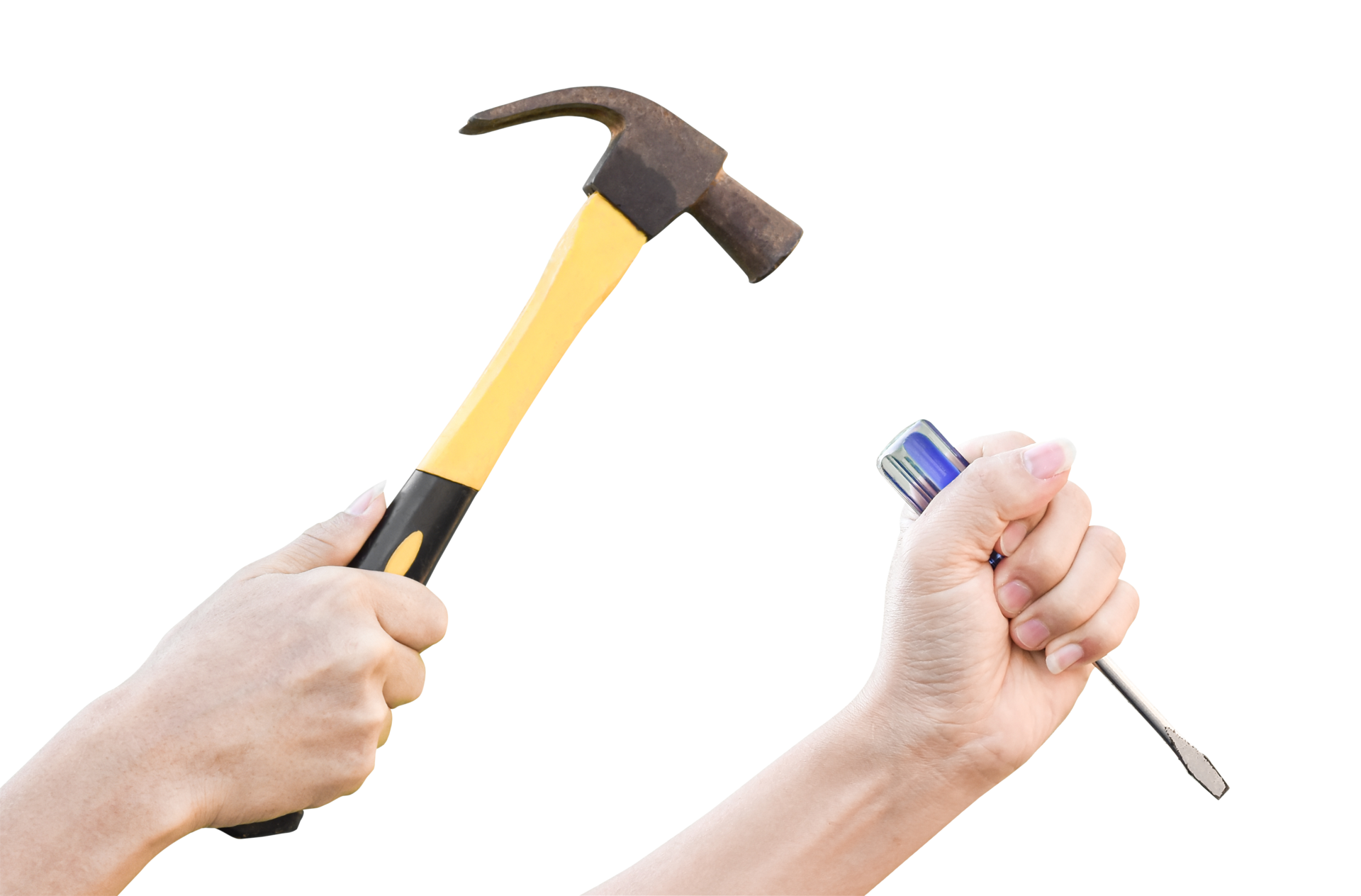 Male hands working with old rusty hammer and flat screwdriver isolated on transparent background