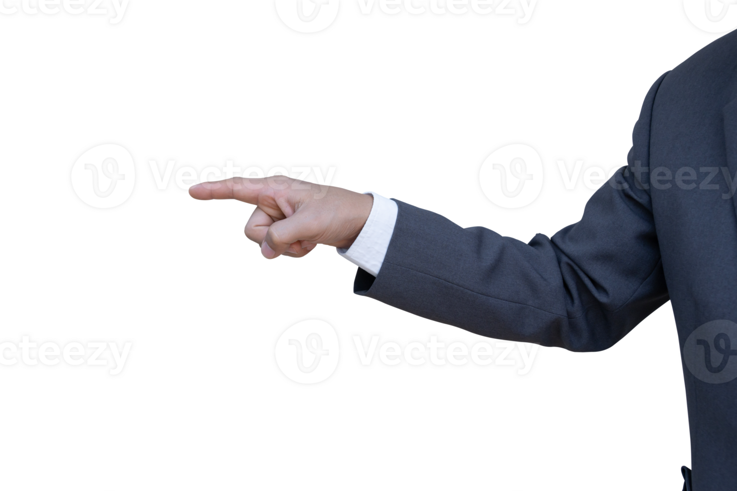 Hand of man in suit pointing with finger isolated on transparent background. PNG File