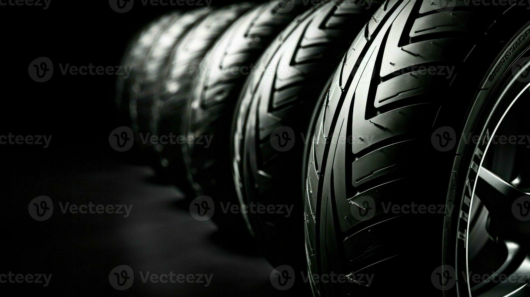 Car tires arranged in rows in front of black background. Generative AI photo