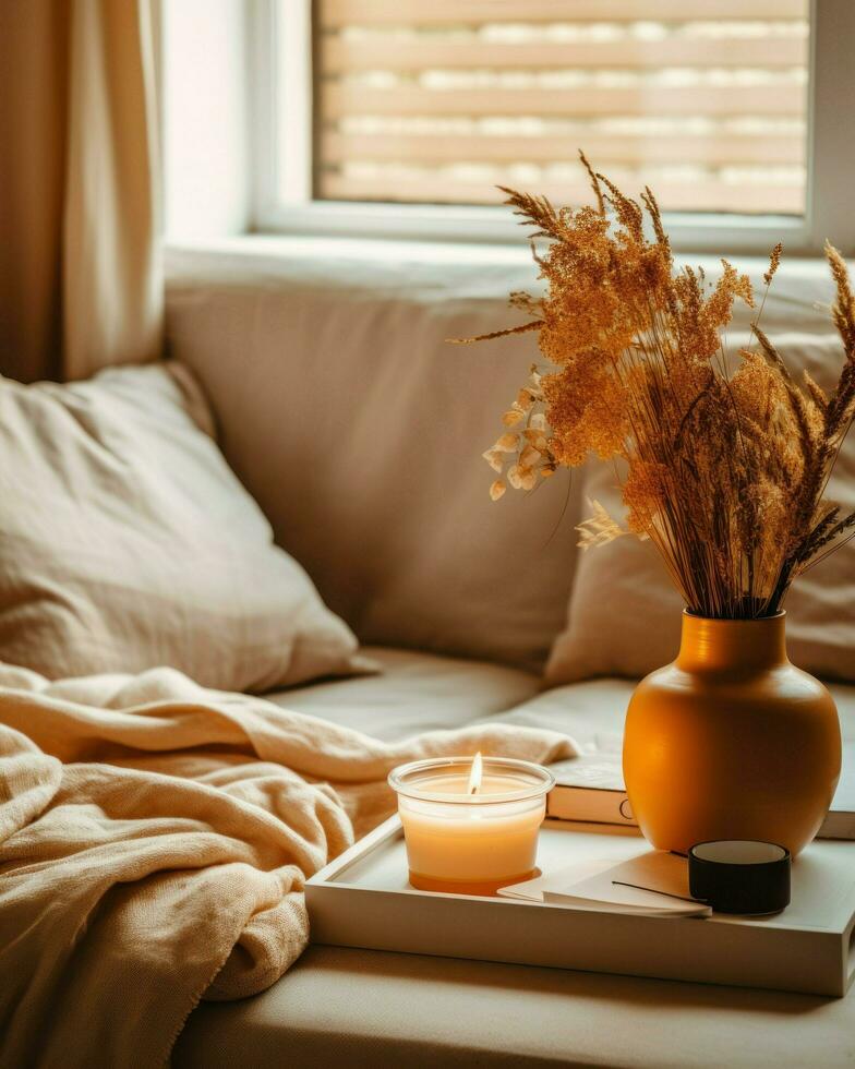 A comfortable bed with a lit candle and a book resting on the windowsill.. Generative AI photo