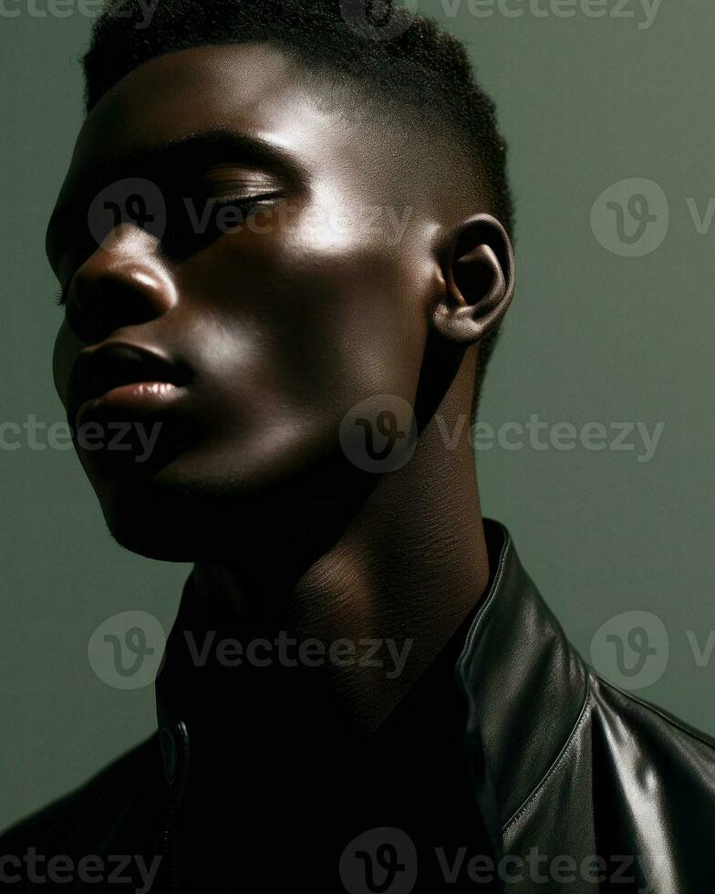 An African man wearing a leather jacket gazes upwards in the image.. Generative AI photo