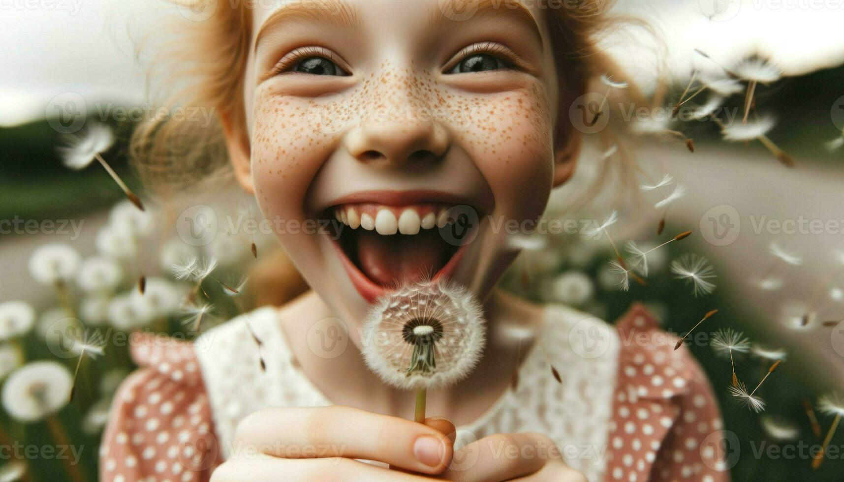 Close-up photo of a young girl with fair skin and freckles, excitedly blowing a dandelion. Generative AI