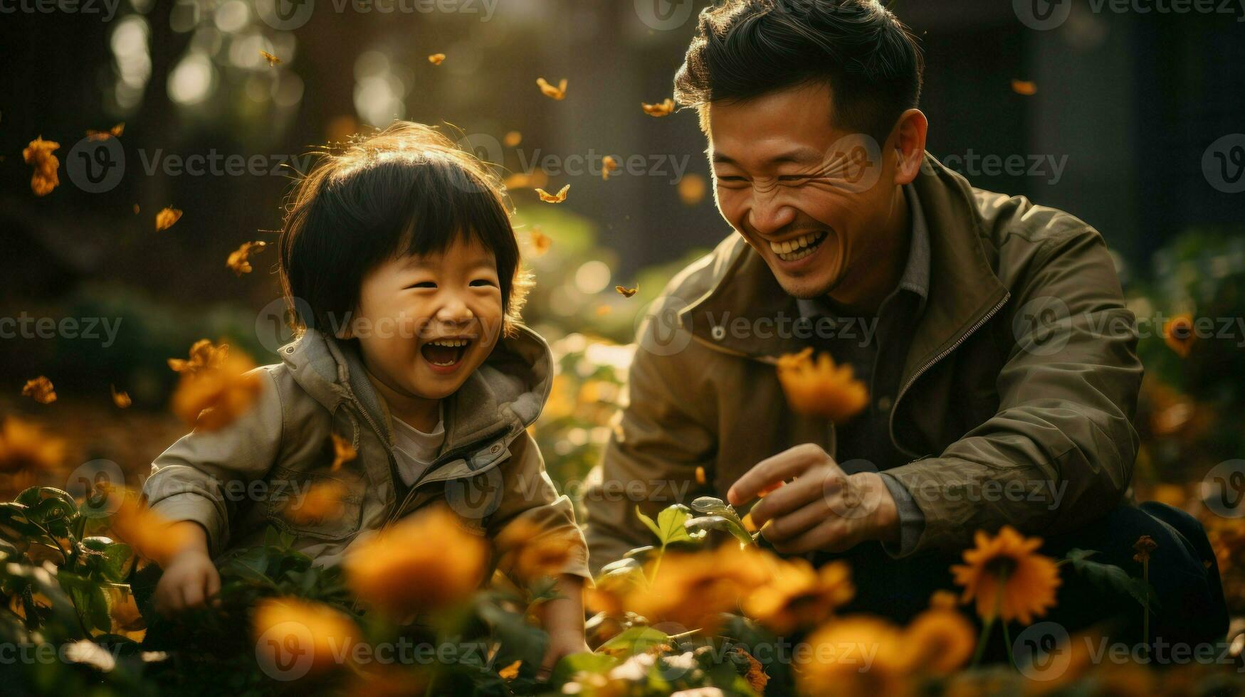 Father and son laugh among the flowers, the sun illuminating their smiles.. Generative AI photo