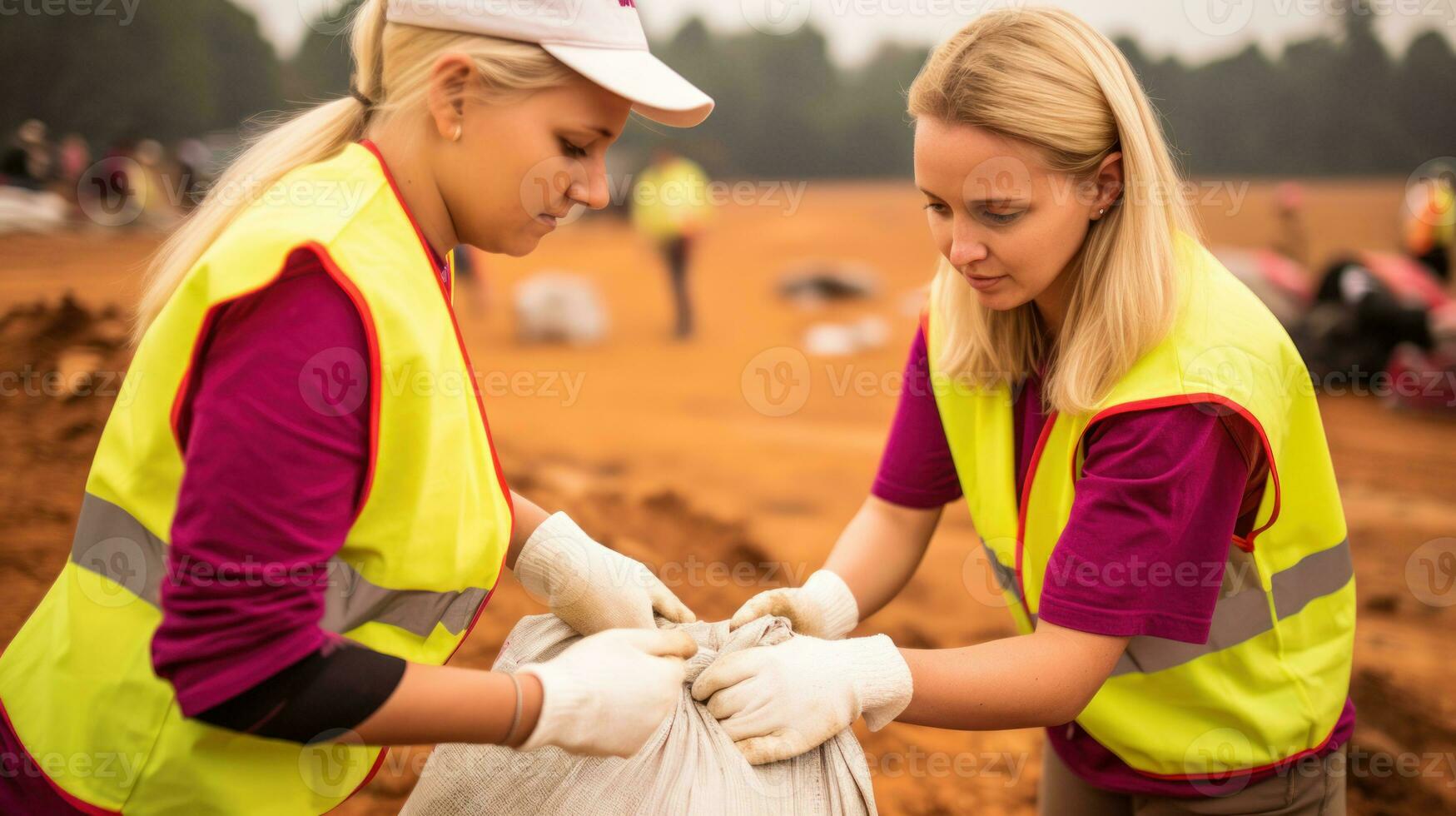 Two girls working together to pick up trash, showcasing teamwork.. Generative AI photo