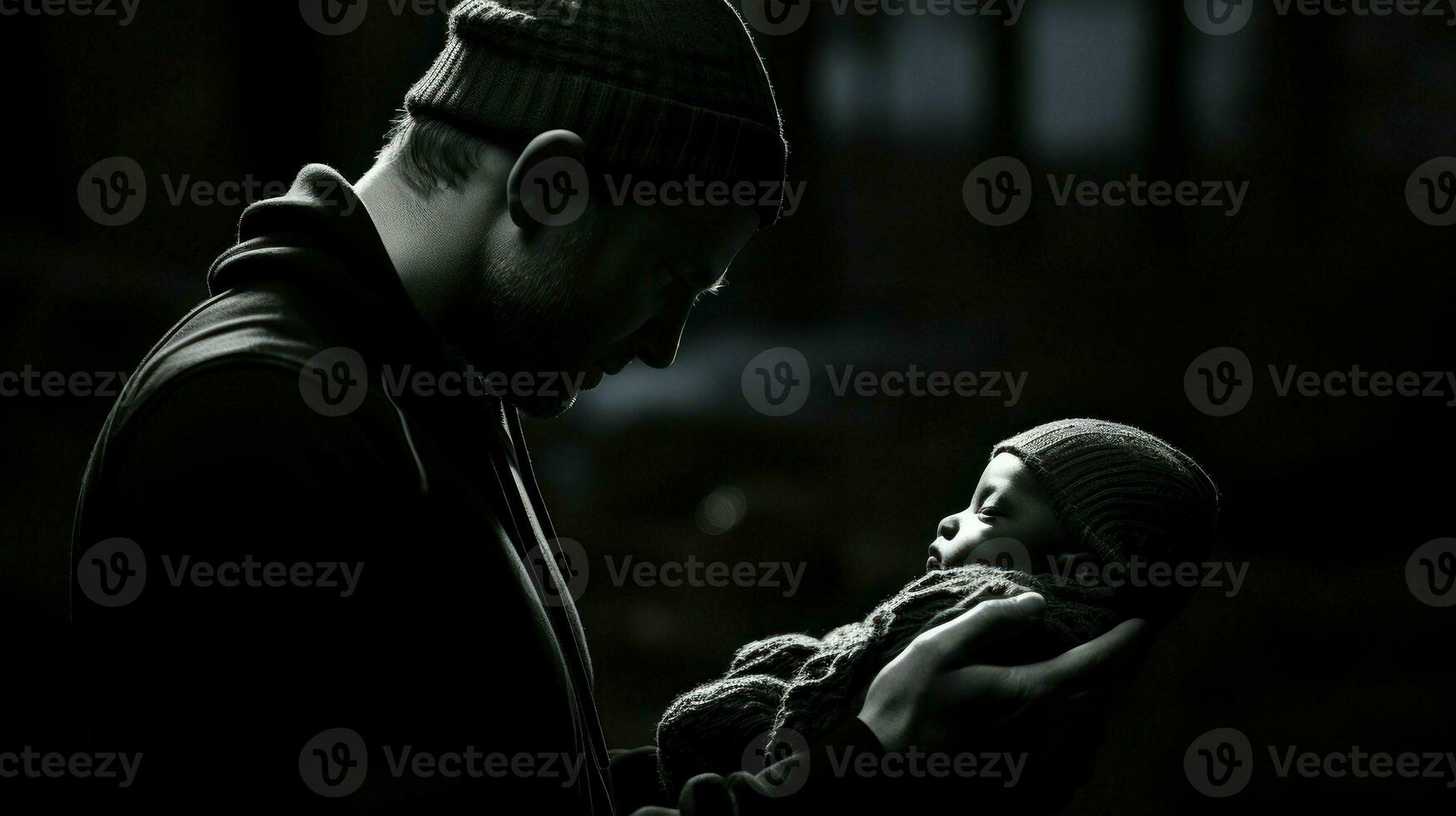 Close-up of a father gazing lovingly at his newborn baby.. Generative AI photo